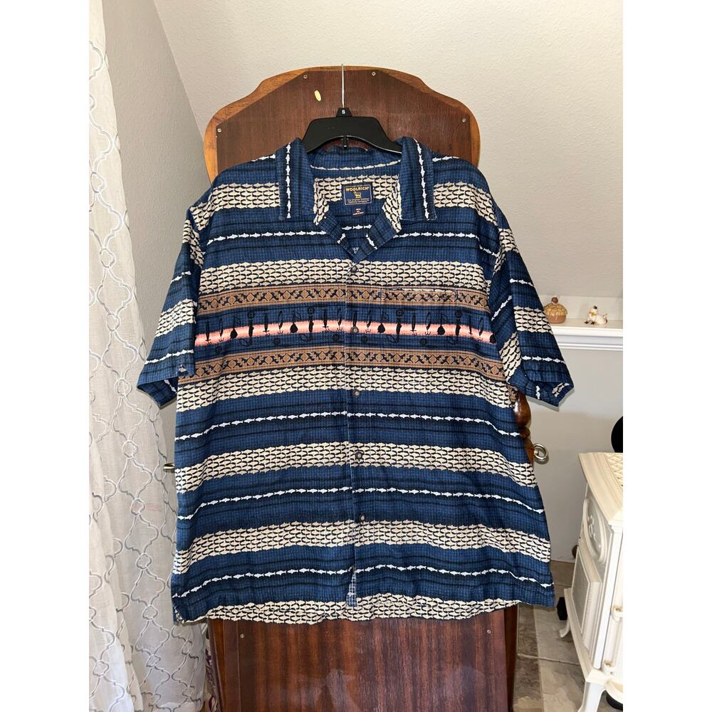 Vintage Woolrich Shirt Men XL Blue Button Up Rip Stop Fish Print Camp Outdoors